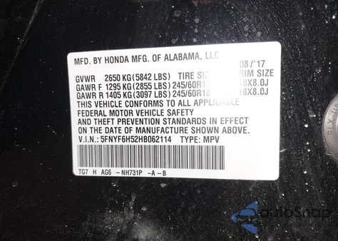 2017 Honda Pilot Ex-L z USA, uszkodzony, nr VIN 5FNYF6H52HB062114